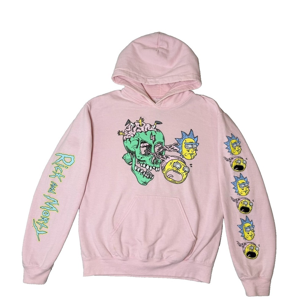 Rick and Morty Mens Hoodie Size Small Pink Adult Swim Psychedelic Skull Pullover